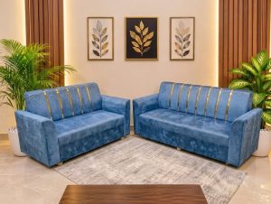 সোফা সেট 3+2 সীট – গোল্ডের শীট + নীল – ভেলভেট কাপড় - New Model