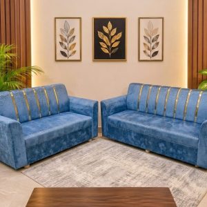 সোফা সেট 3+2 সীট – গোল্ডের শীট + নীল – ভেলভেট কাপড় - New Model
