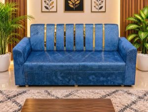 সোফা সেট ৩ সীট – গোল্ডের শীট + নীল – ভেলভেট কাপড় - New Model