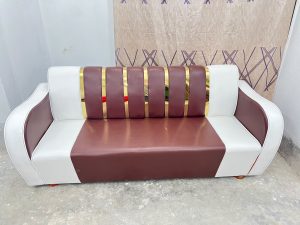 সোফা সেট 3 সীট – লেদার হাতা এস এস শীট – কফি সাদা কালার